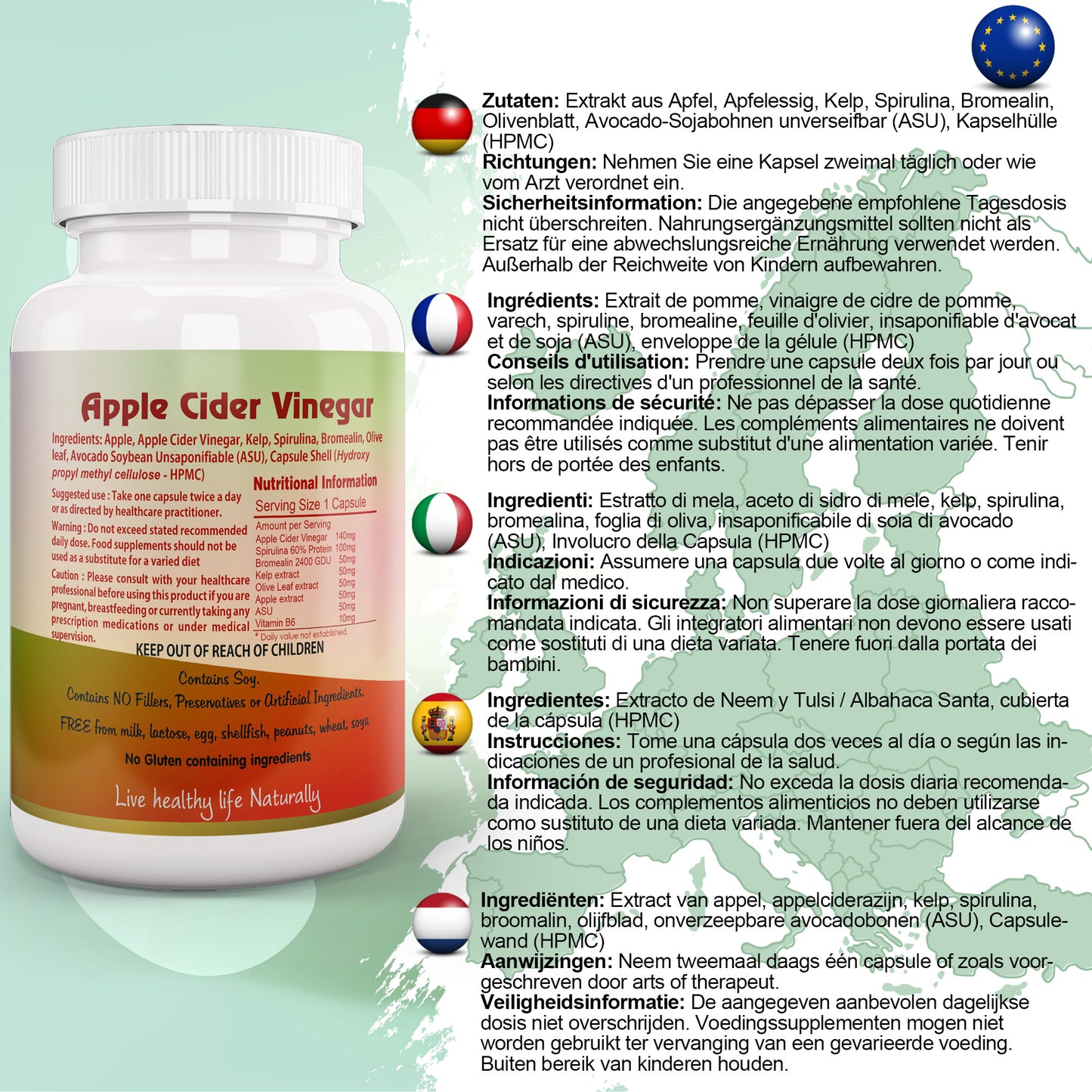 Apple Cider Vinegar Capsule with Kelp, Spirulina, Bromelain, Olive Leaf EU Certified