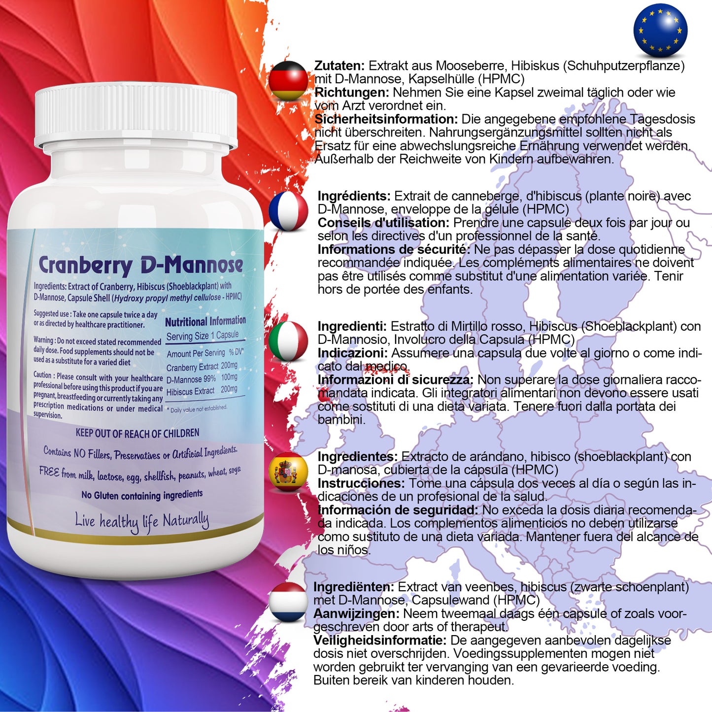 Cranberry D-Mannose with Hibiscus Extract Capsules UTI Bladder Support Cystitis EU Certified