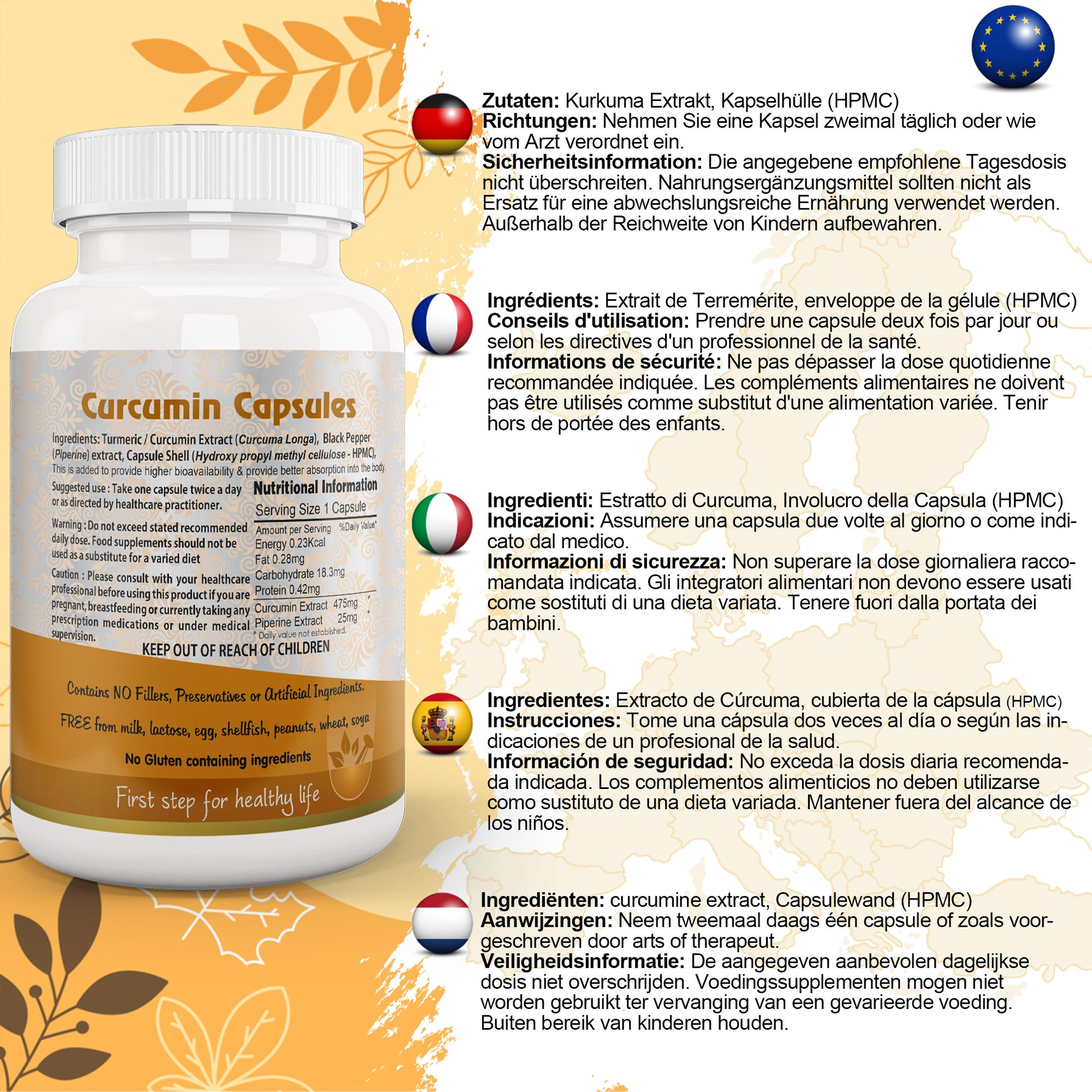 Curcumin Turmeric Capsule with Piperine EU Certified