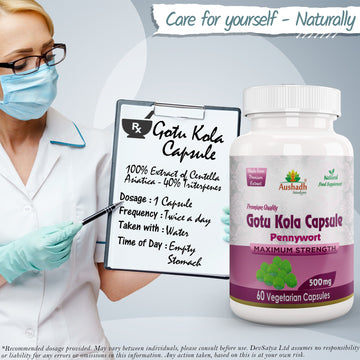 Aushadh Gotukola Capsules (Centella) Memory & Skin Support - Vegan, Gluten Free, Non-GMO, 60 Capsules