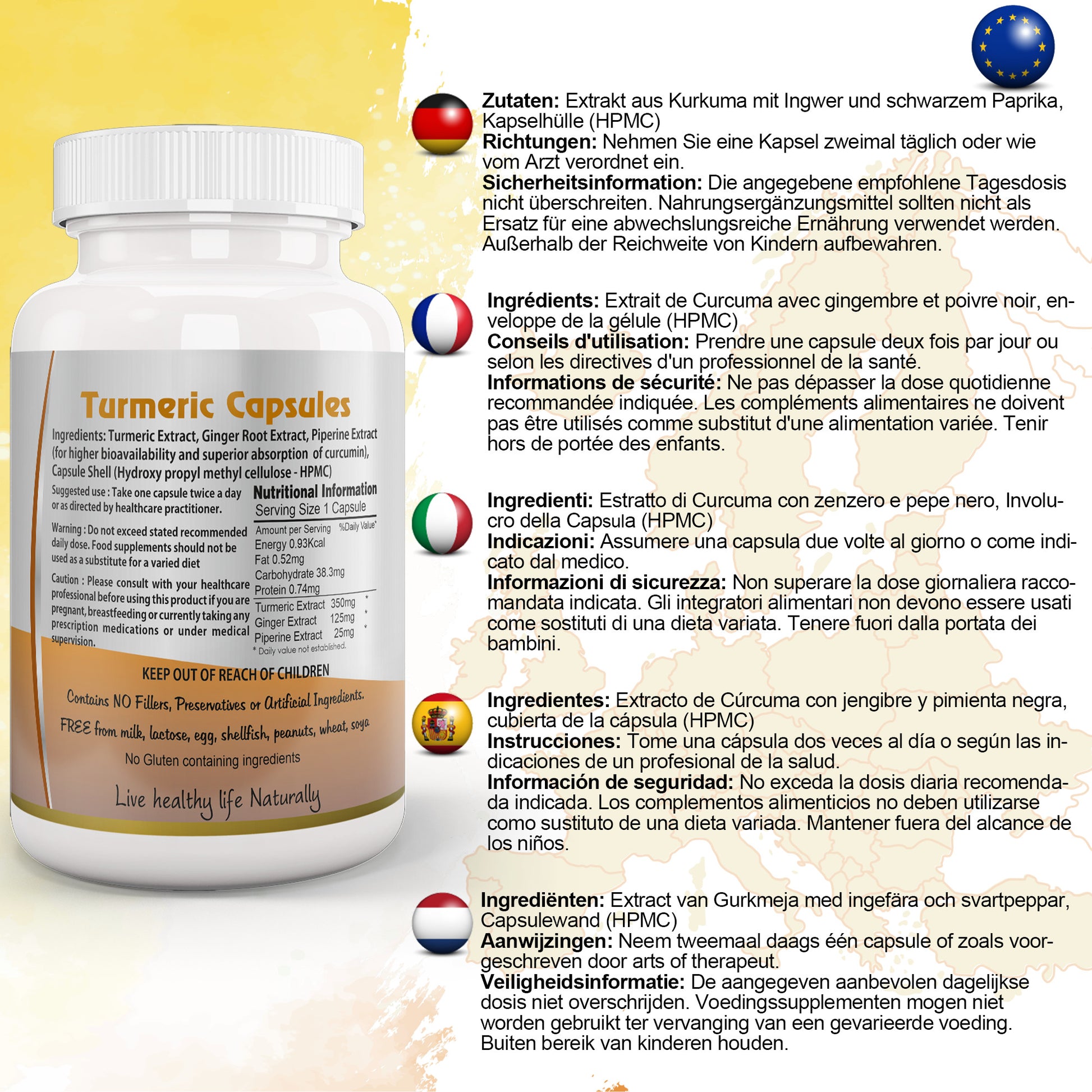 Turmeric with Ginger and Black pepper Capsule EU Certified